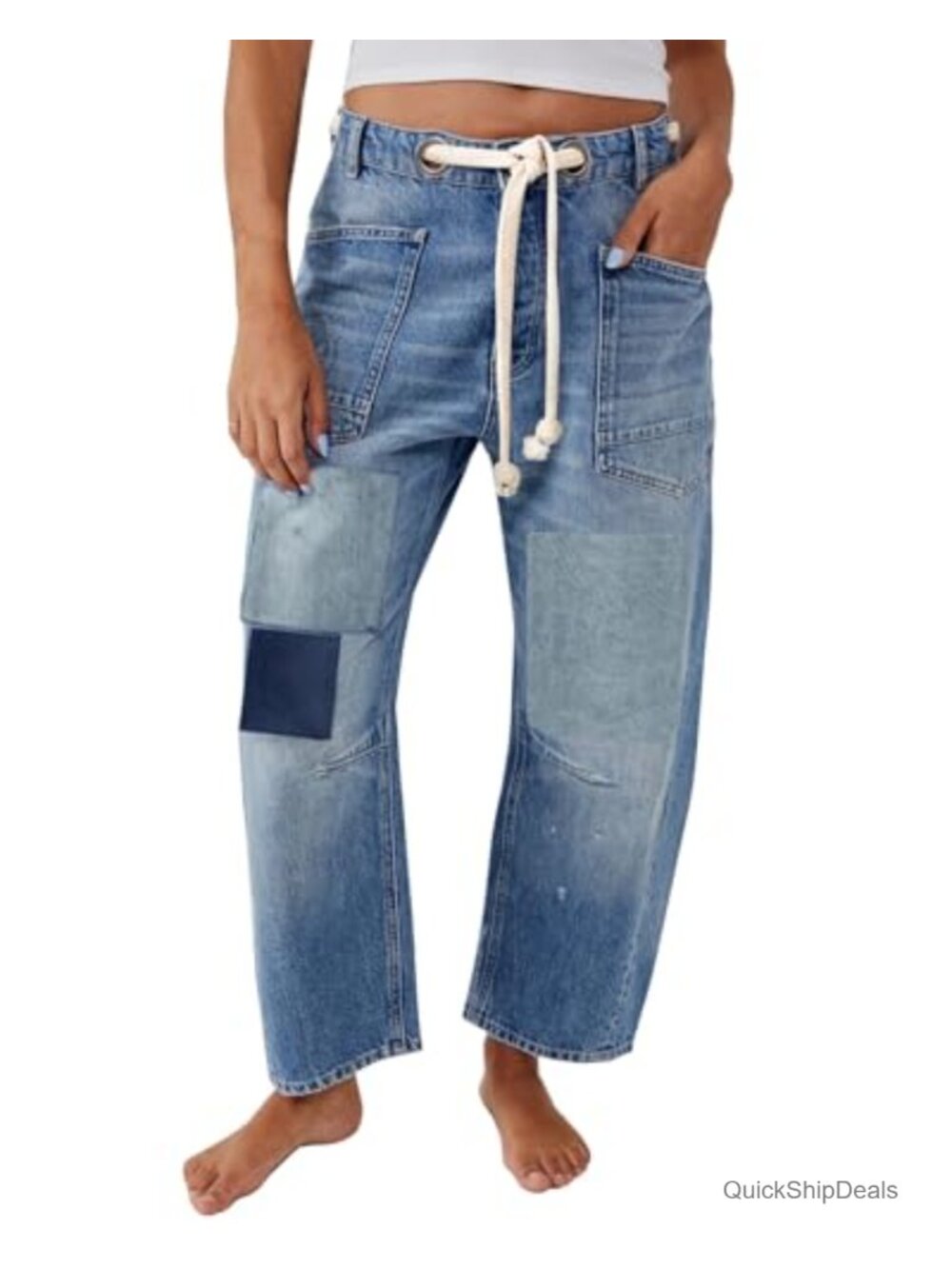 Barrel Horseshoe Wide Leg Patchwork Low Rise Drawstring Denim Jeans Pants